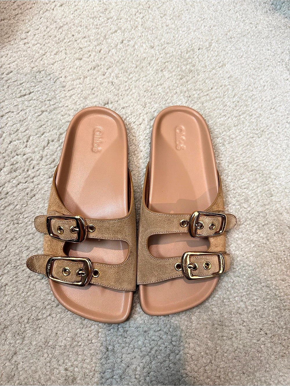 Chloé Rebecca Suede Dual-Buckle Slide Sandals Brown